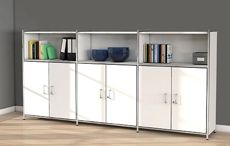 eleganter Büroschrank mit 3 offenen Schrankfächer und 3 große, abschließbare Schrankfähcher