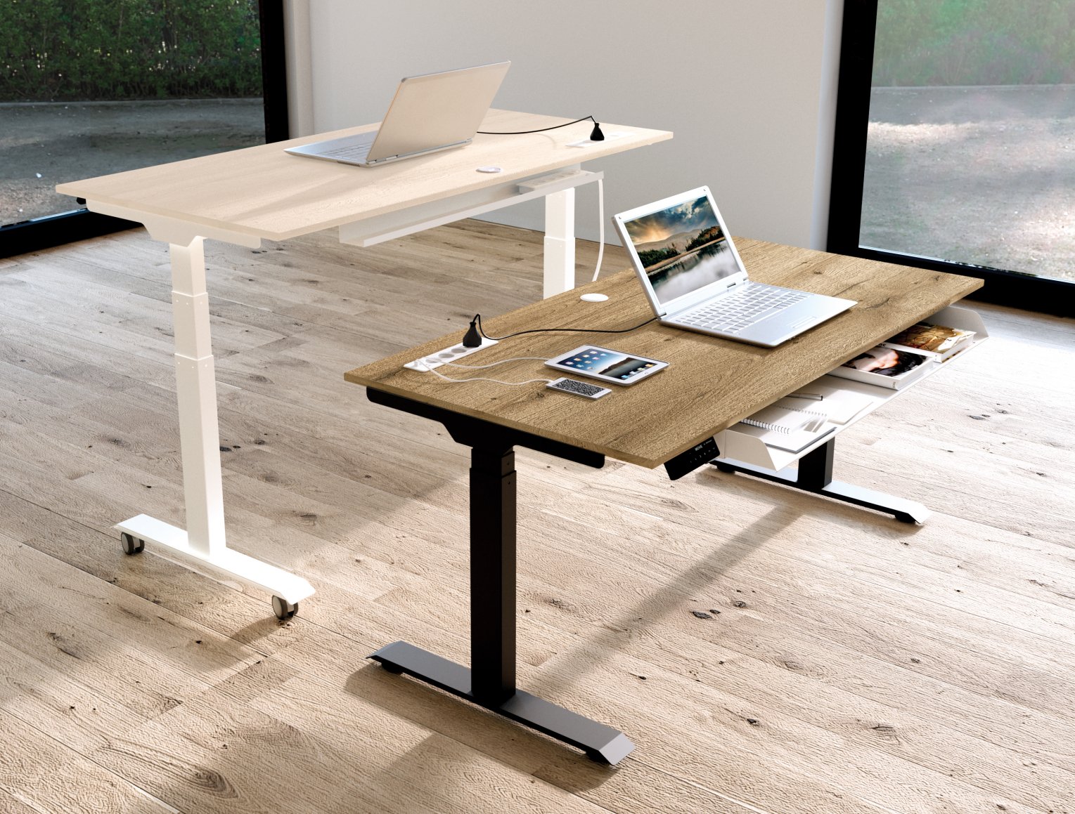 preiswerter Sitz- u. Stehschreibtisch integrierte Steckdosenleiste, USB-Ladeports