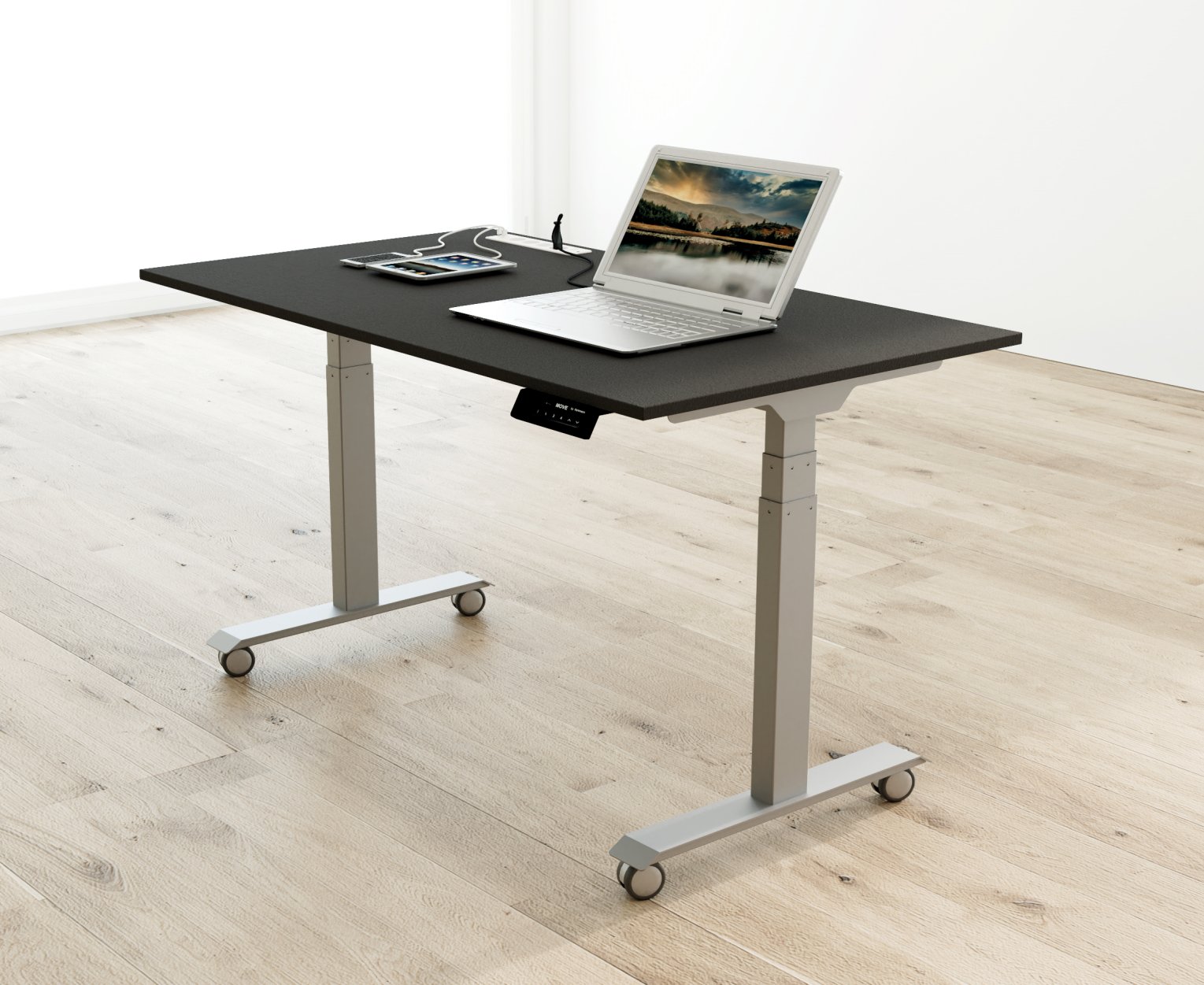 Mobiler Sitz-Stehbürotisch mit Laufollen eingebaute Steckdosenleiste mit USB-Anschlüssen