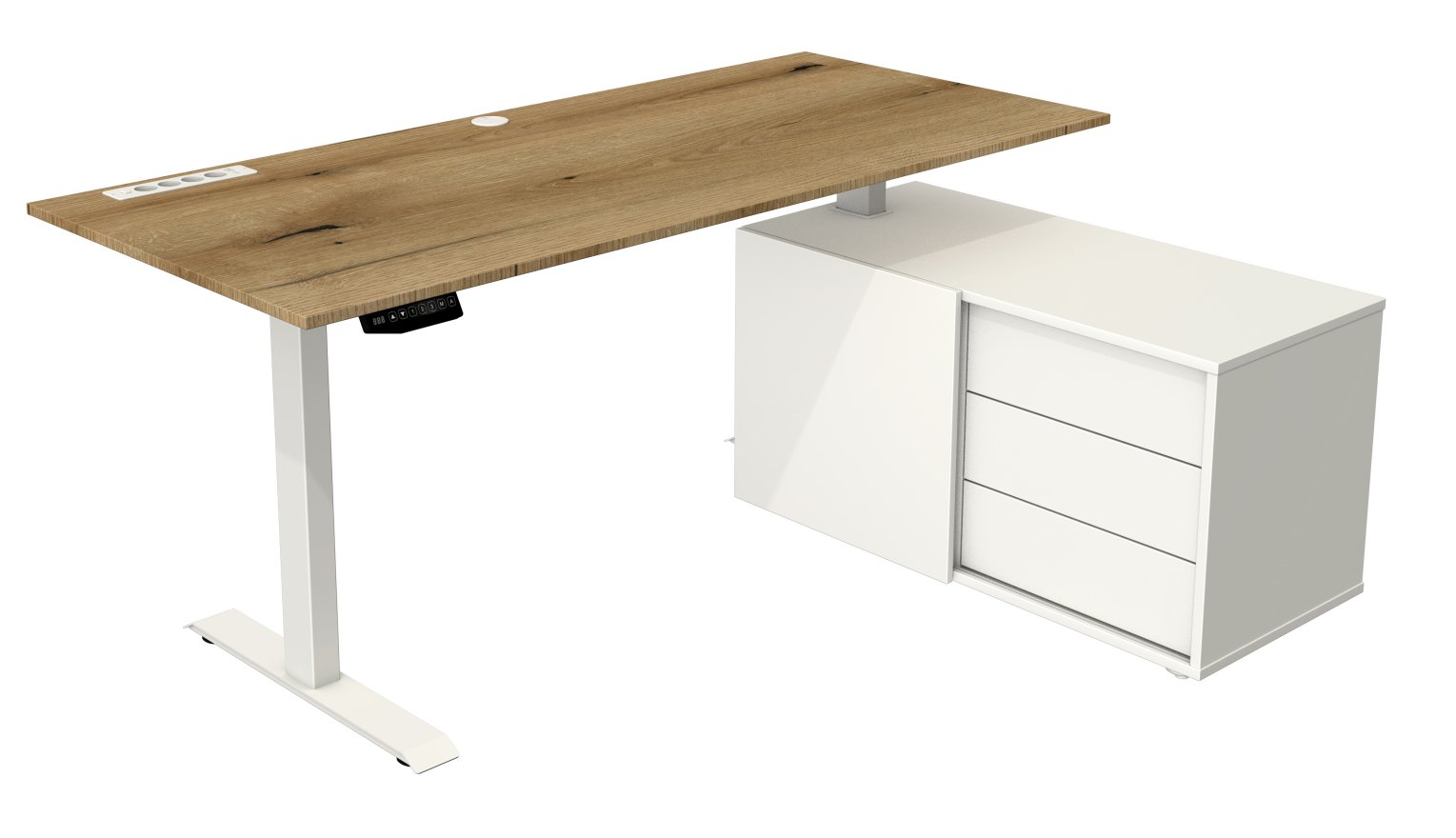 preiswerter Büro-Komplettarbeitsplatz  mit großem Sitz-Stehschreibtisch mit USB-Ladeports auf weißem Büro-Sideboard