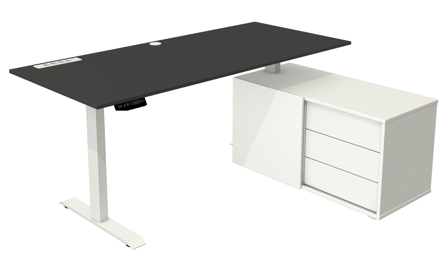 Platzsparender Büro-Komplettarbeitsplatz Sitz-Stehbürobtisch mit USB-Ladeports auf Büroschrank