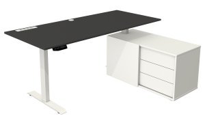 großflächiger Büro-Komplettarbeitsplatz mit Sitz-Stehbürobtisch und Sideboard, USB- u. Stromanschluß