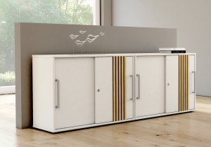 weiße Schiebetüren- Büroschränke mit  Holzlamellen schallabsorbierend