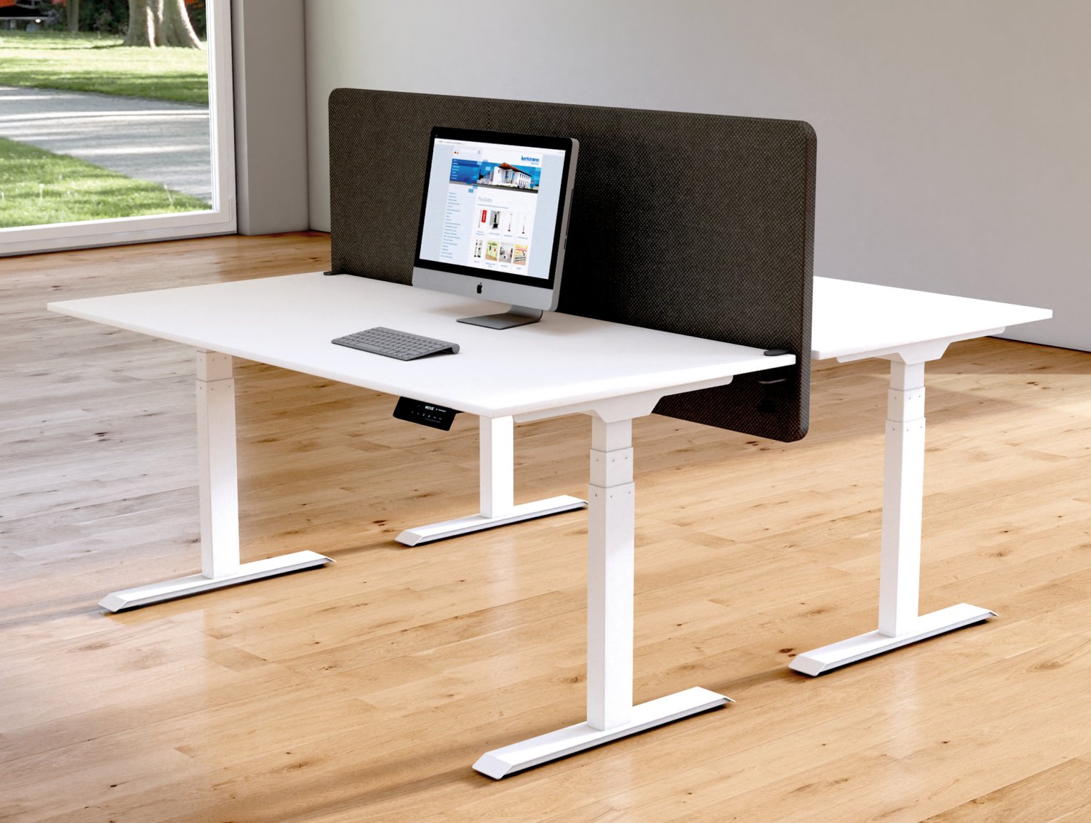 weißer Büroschreibtisch rückenschonender Sitz-Steharbeitstisch Teamarbeitsplätze
