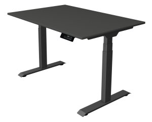 anthrazitfarbener Büroschreibtisch und elektrisch höhenverstellbarer Sitz- / Steharbeitstisch