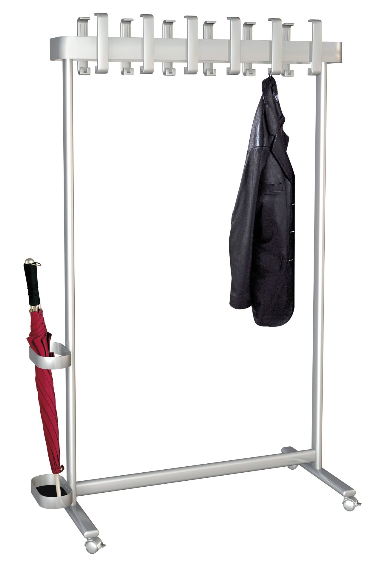 mobile Laufrollen-Standgarderobe mit Schirmständer und Kopfstoßschutz