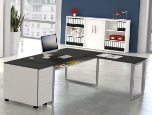 höhenverstellbarer L-form-Schreibtisch mit Ablagefach unterhalb der Tischplatte