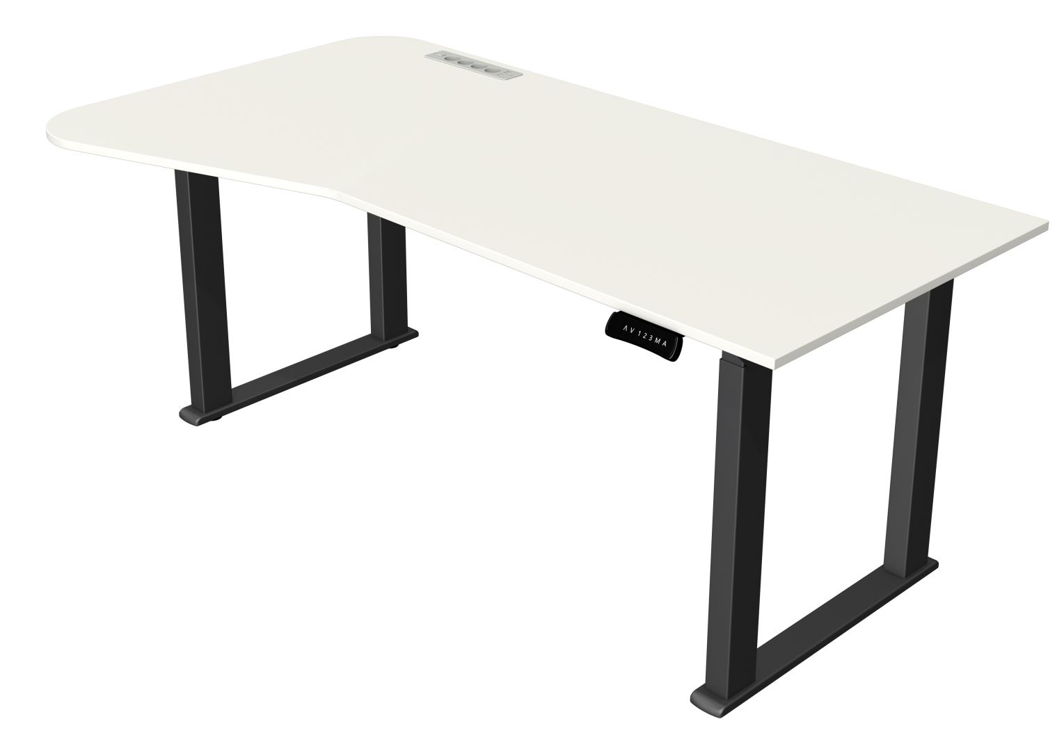 großflächiger Sitz-Stehbürotisch mit ergonomisch geformter Tischplatte eingebaute USB-Ladeports, 4 Steckdosen
