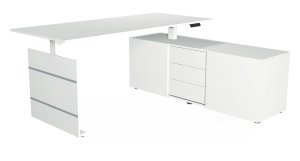 Sitz- u. Stehschreibtisch mit Büroschrank als Tischauflage Tischhöhe stufenlos elektrisch einstellbar