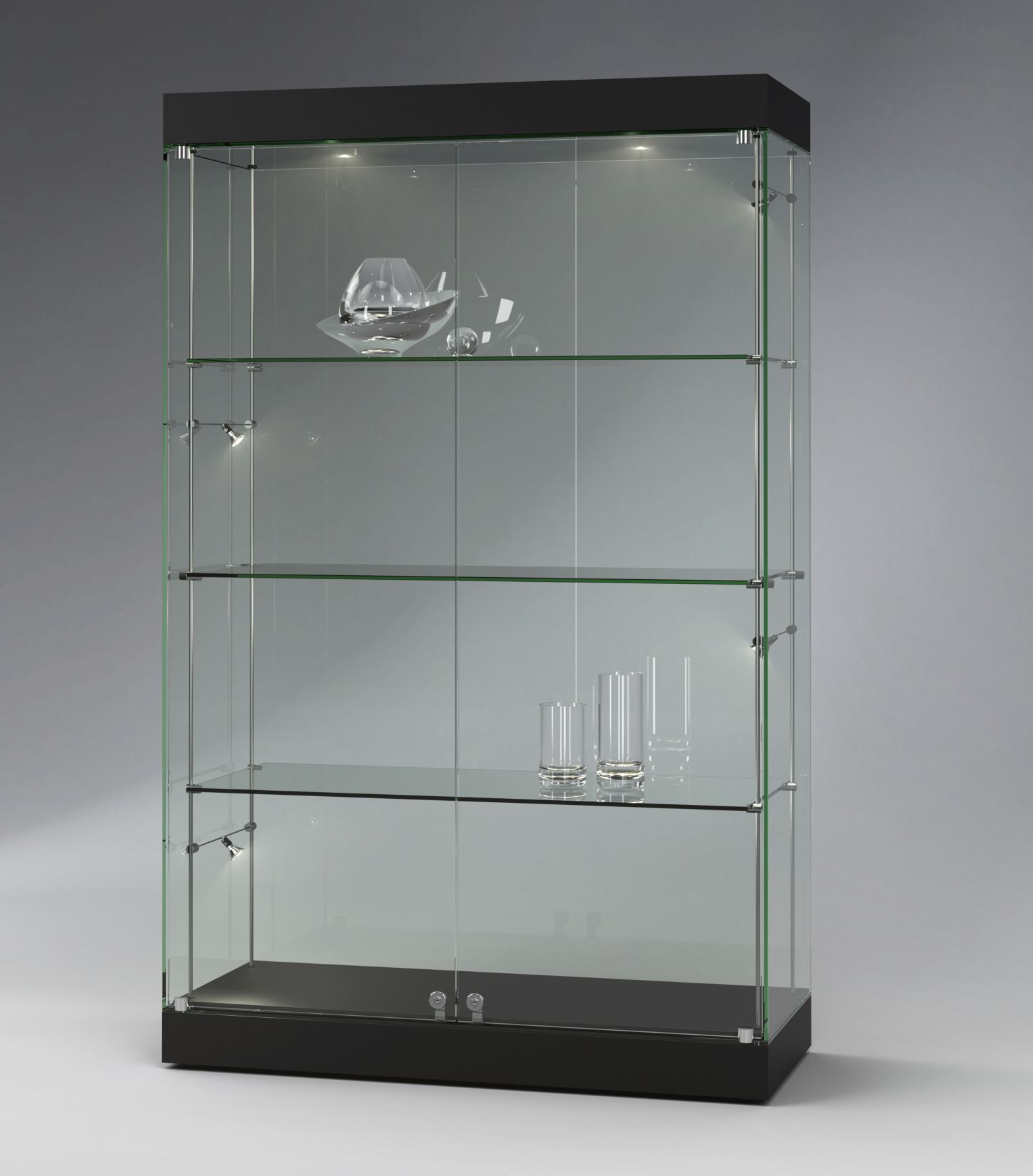 profillose Ganzglas-Schrankvitrine mit LED-Deckenbeleuchtung Breite = 140 / Höhe = 190 cm abschließbar