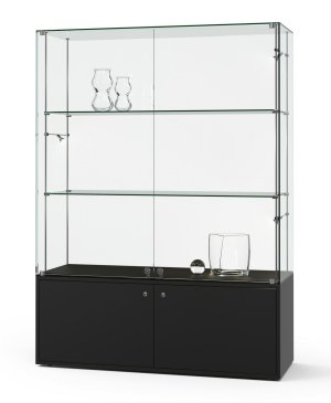 stabile Ganzglas-Schrankvitrine mit schwarzem Unterschrank