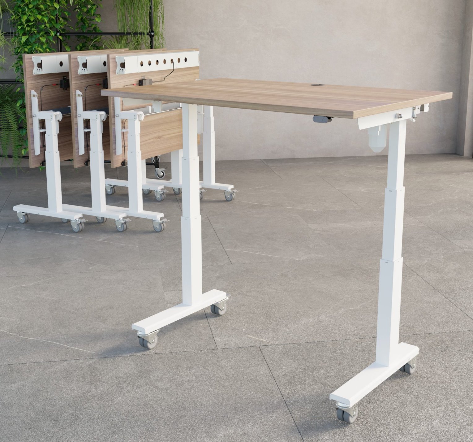 kleiner Seminartisch mit Laufrollen Arbeitshöhe mit Akku-Set elektrisch einstellbar