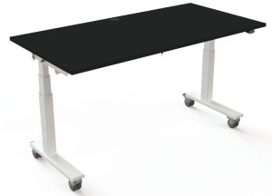 Seminartisch mit Laufrollen mit schwarzer Tischplatte auf weißem T-Fuß-Stahlgestell