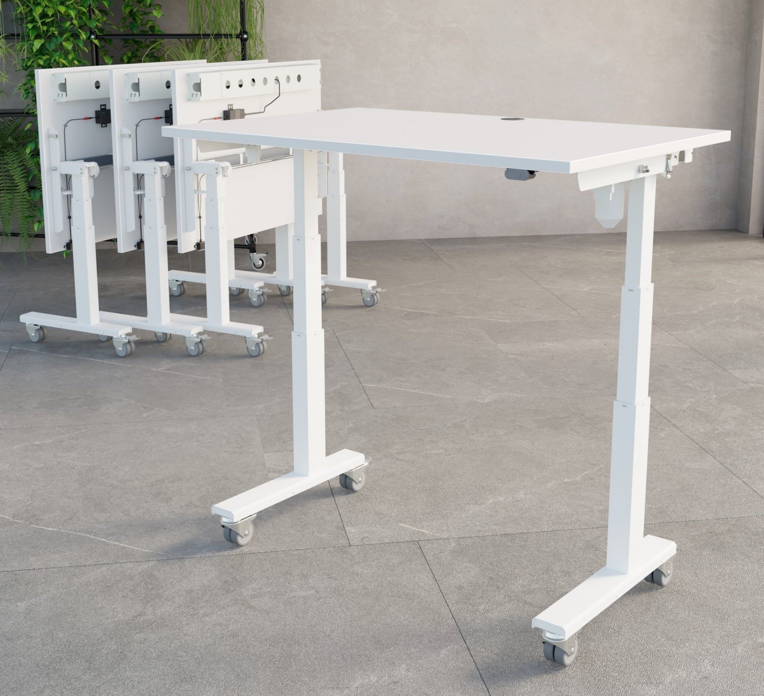 Mobiler Seminartisch mobiler Sitz-Steh-Seminartisch Tischhöhe ohne Stromanschluß elektrisch einstellbar platzsparende Lagerung