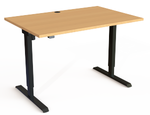 Steh- / Sitzschreibtisch (180 x 80 cm) schwarzes T-Fuß-Stahlgestell, weiße Tischplatte mit Kabeldurchlass