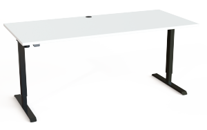 Steh- / Sitzschreibtisch (180 x 80 cm) schwarzes T-Fuß-Stahlgestell, weiße Tischplatte mit Kabeldurchlass