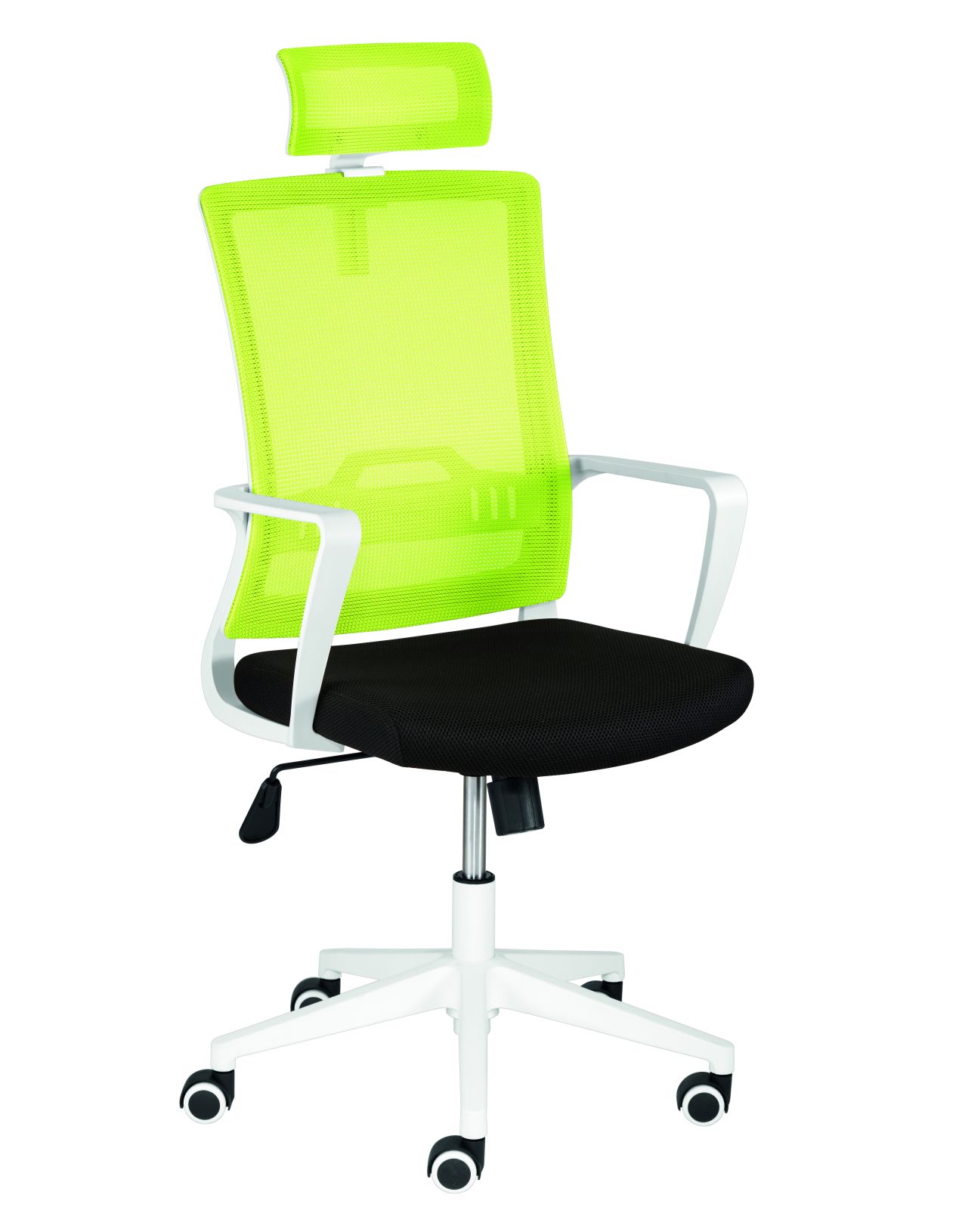 günstiger Schreibtischstuhl mit weißem Stuhlgestell Rückenlehne mit luftdurchlässigem Netzbezug