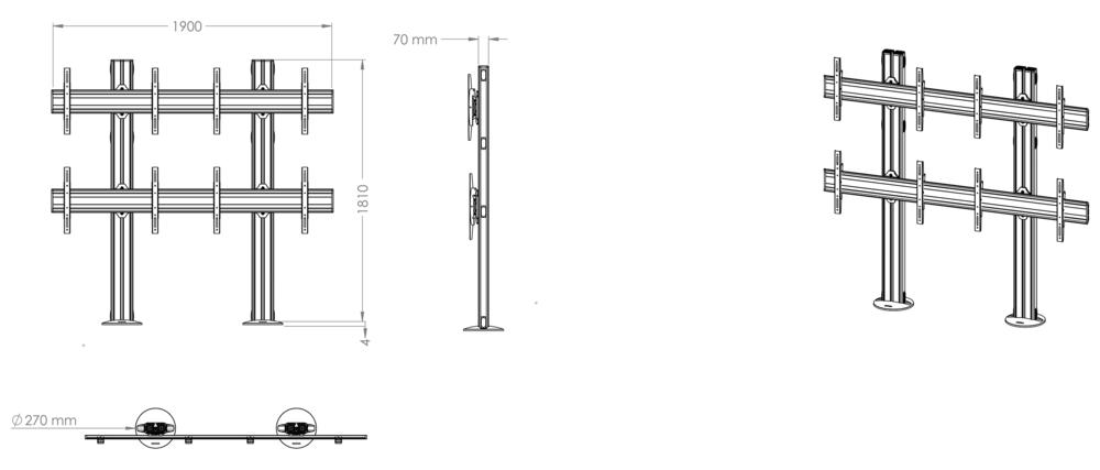 4-Monitore-Videowall fixe Bodenbefestigung