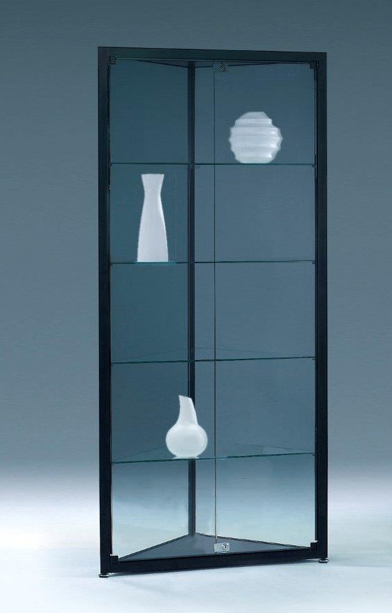 schwarze Dreieck-Standvitrine abschließbare Drehtür mit Spiegelglas-Rückwänden