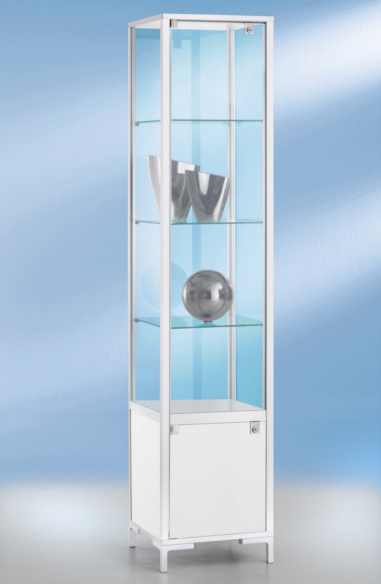 weiße Shopvitrine mit Unterschrank abschließbar höhenverstellbare Glasböden