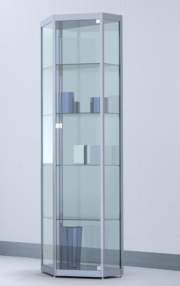 wandständige, fünfeckige Wohnzimmer-Standvitrine mit Spiegelrückwand